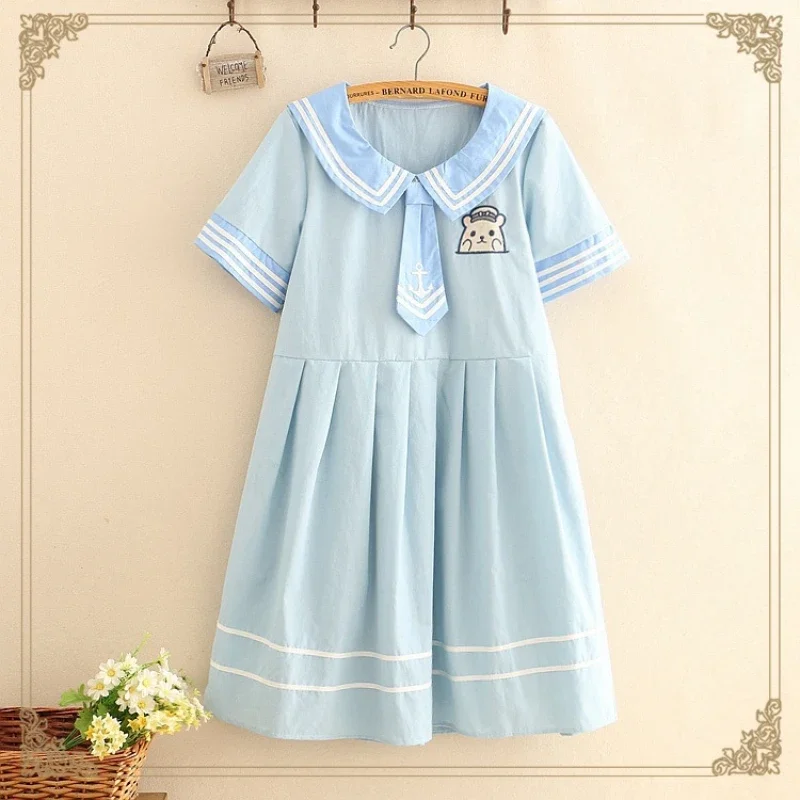 

Summer Cute Sailor JK Dress Little Bear Embroidery Design Japanese School Girl Uniform Light Blue Kindergarten Little Duckie Hat