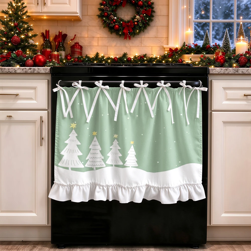 1PC lace up kitchen curtain, ruffled hem, 2D flat White Christmas Tree pattern, cabinet cover curtain, Christmas home decoration