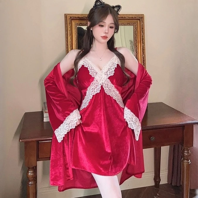 

Twinset Women Robe Gown Set Velour Lace Kimono Bathrobe Suit Winter Autumn Female Velvet Nightgown Homedress Sleepwear Lingerie