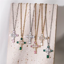 HECHENG, Zircon Artificial Pearl Cross Pendants Necklace Originality Seal Vintage Sweat Pink Green Stone Necklace