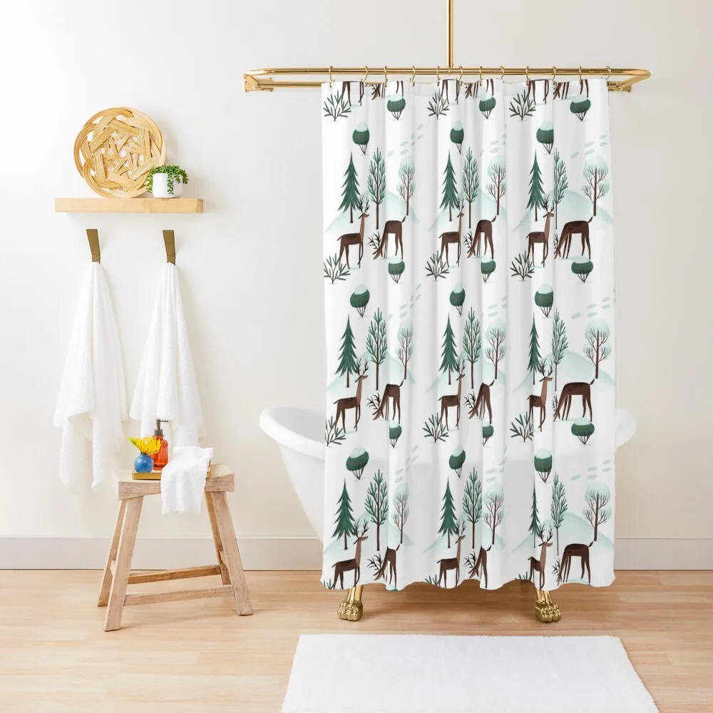 

Deer in the Snowy Wood Shower Curtain In The Bathroom Washable Waterproof Fabric Shower Waterproof Shower And Anti-Mold Curtain