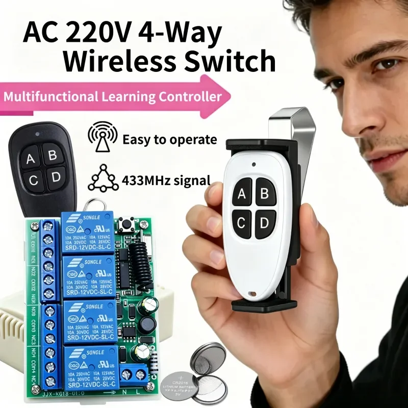 AC220V 10A 4CH Wireless Remote Control Switch Relay Receiving Module and 4-channel RF433MHz Remote Control Transmission