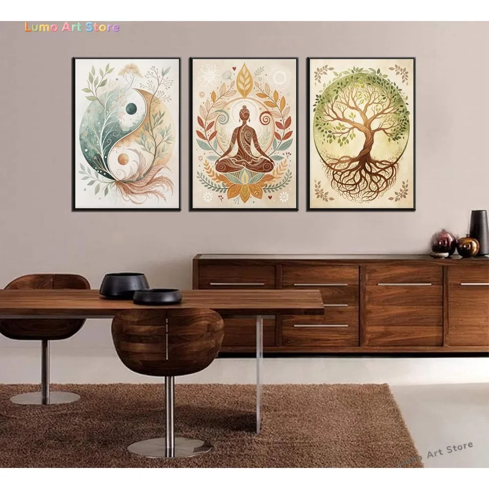 2D Flat, 2D Flat, Set of 3 Tree of Life Canvas Artworks Featuring Lotus And Zen Themes, Perfect for Decorating Walls with Spi
