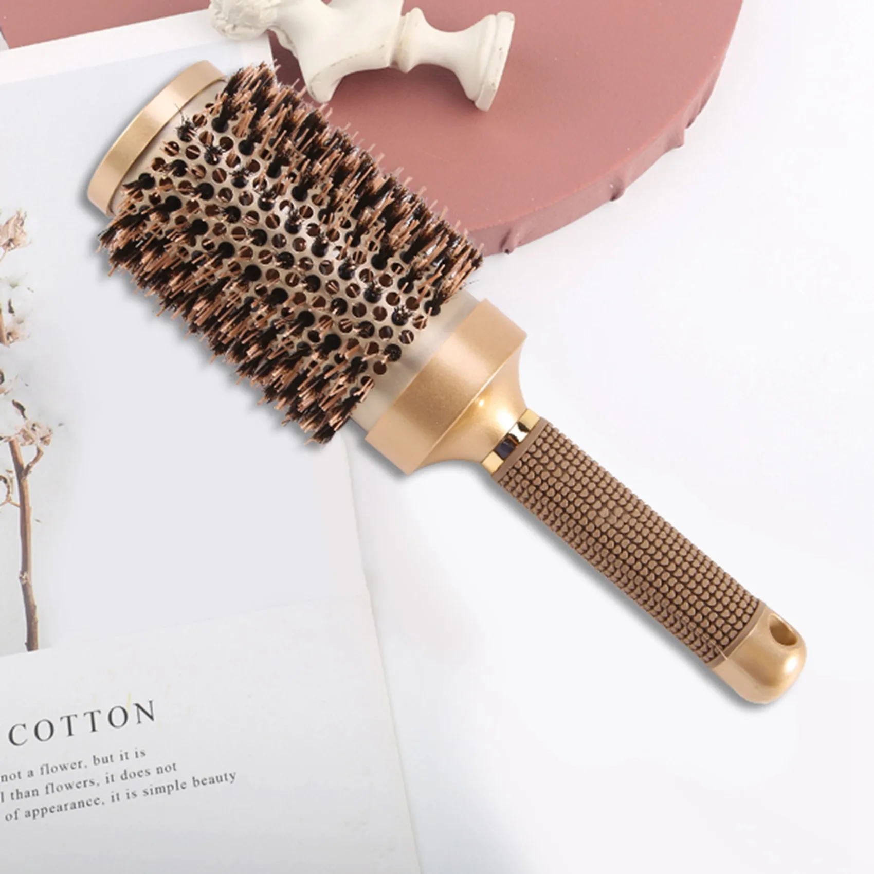 Cepillo de pelo de barril redondo con cerdas de jabalí de simulación, para secar el cabello, estilizar, rizar, dorado (2,1 pulgadas)