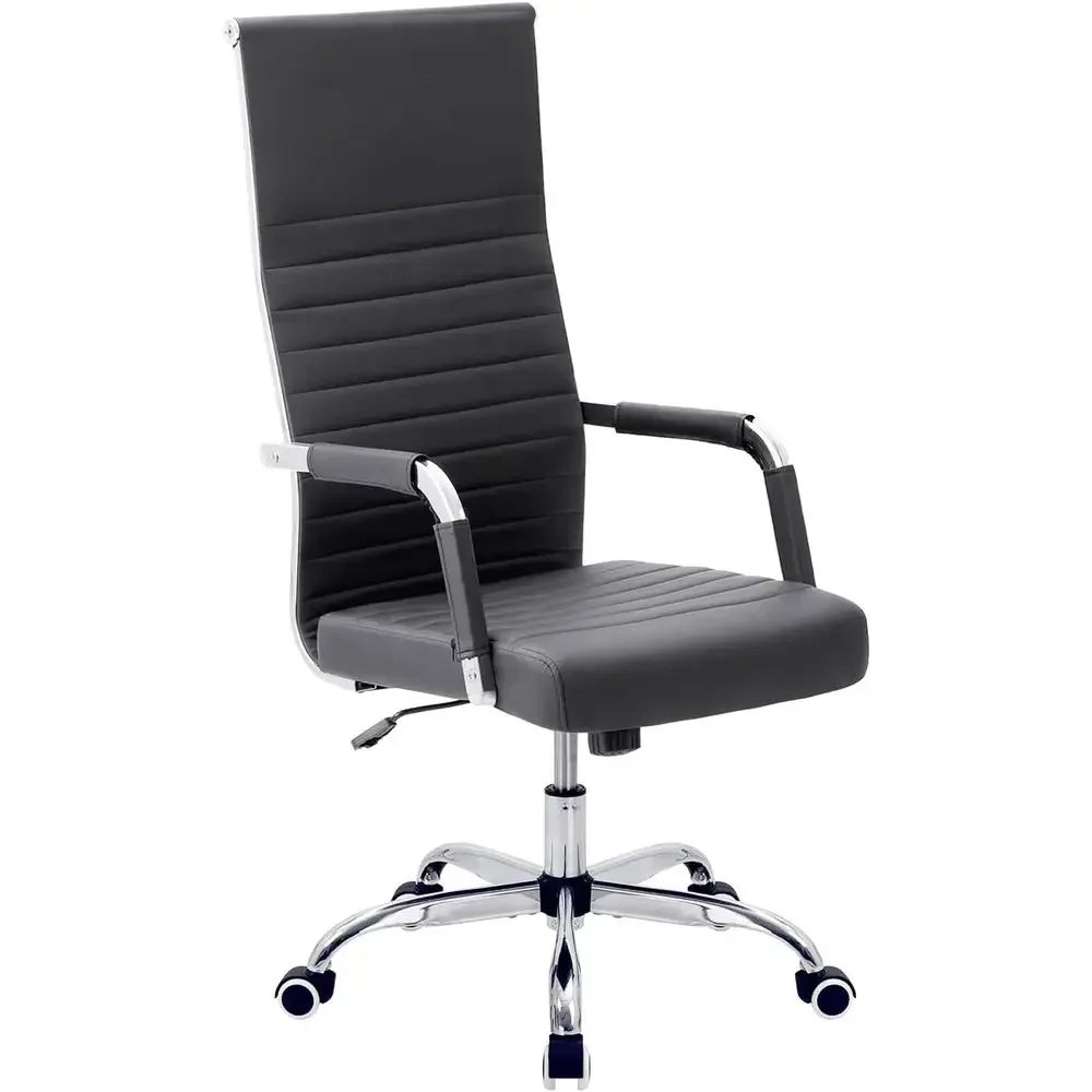 Ribbed High Back Ergonomic Swivel Leather Executive Chair, Adjustable Rolling Task Chair for Office or Conference Room (Black)