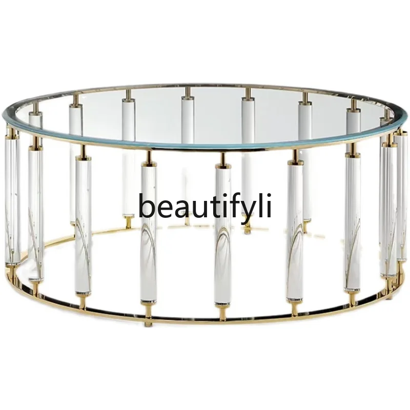 

Transparent round acrylic coffee table light luxury modern stainless steel glass sofa low table