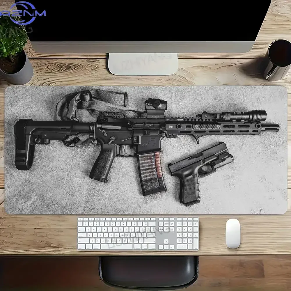 Tactical Rifle and Pistol Black White Gun Print Extended Mousepad, Non-Slip Rubber Base Large Desk Mat, Smooth Surface for Gamin