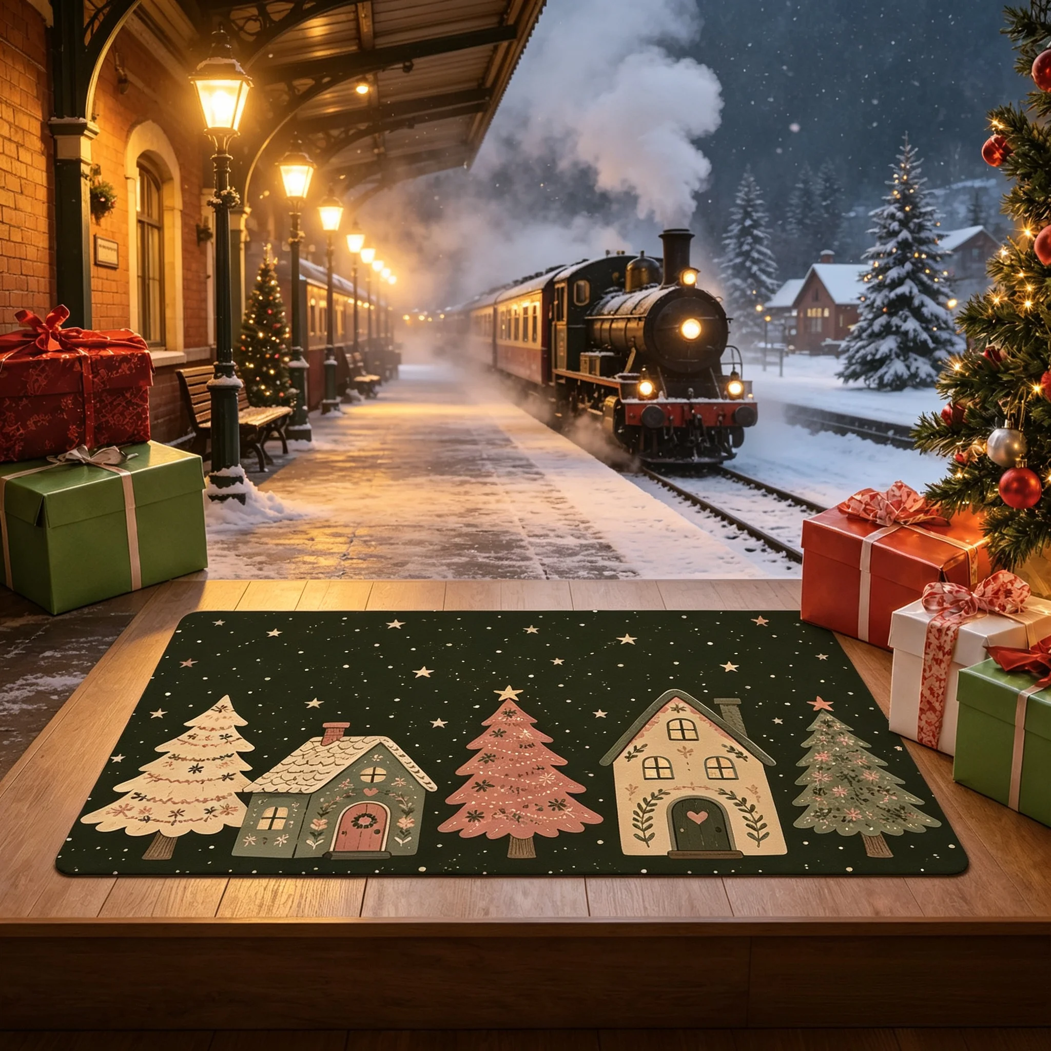 Merry Christmas Dark Green Tree House Rug Snow Star Village Pattern Floor Carpet For Entryway Xmas Home Party Decoration