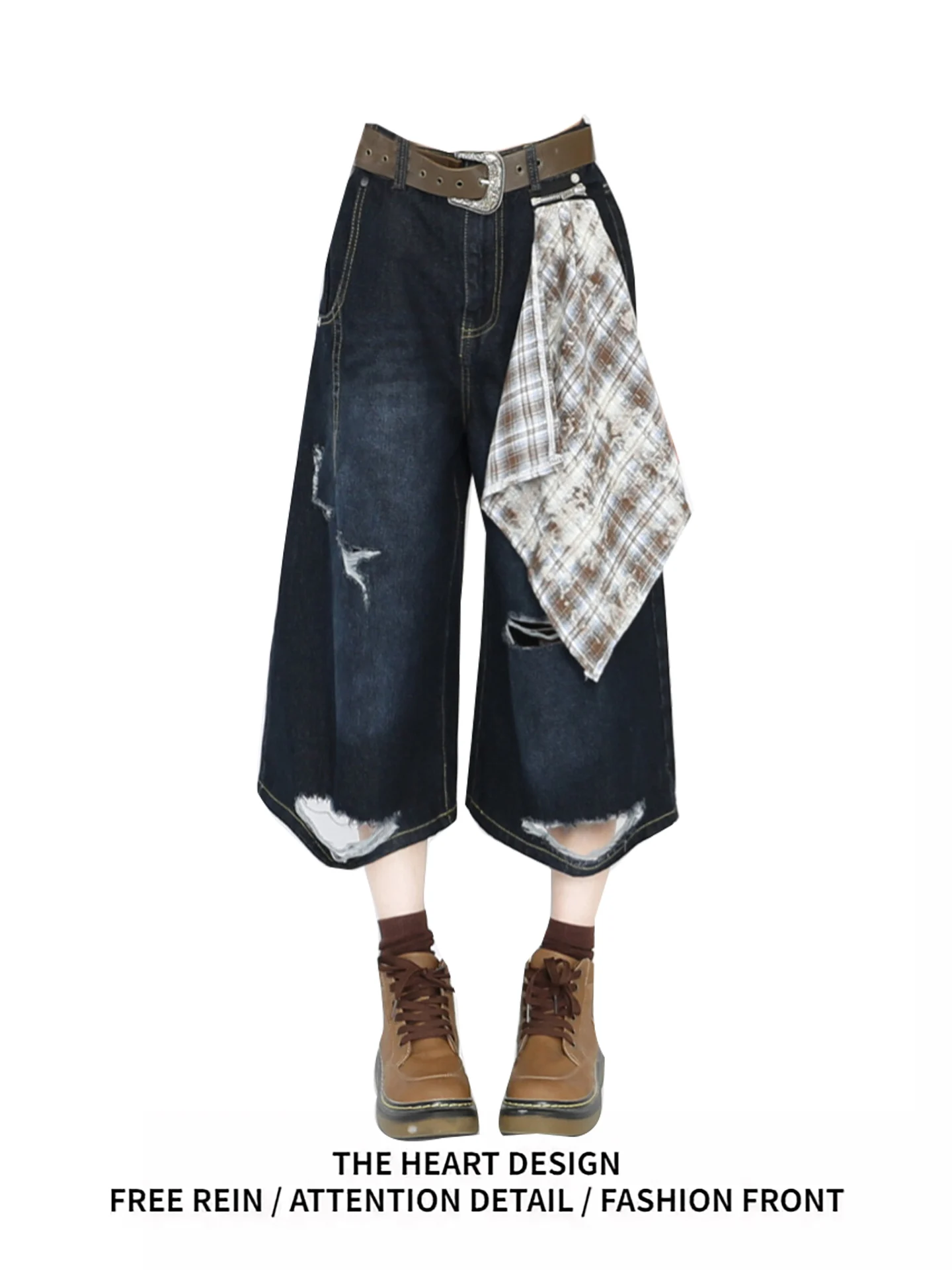 

American Design Detachable Scarf Hole Denim orts Women's Summer New Wide Leg Seven Pants Casual High Waist Jeans