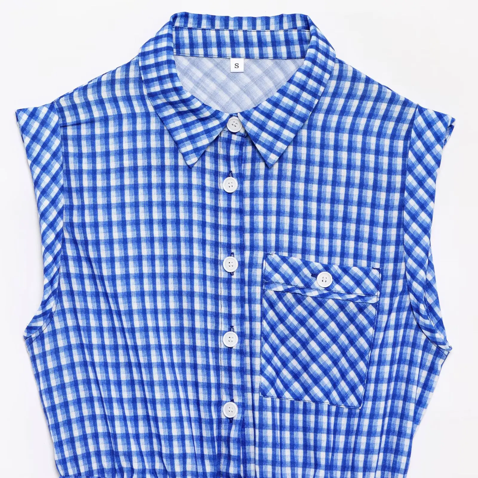 Casual Women's Jumpsuit Blue Plaid Single Breasted Sleeveless Lace-up Jumpsuit Fashion Summer Beach Holiday Jumpsuit