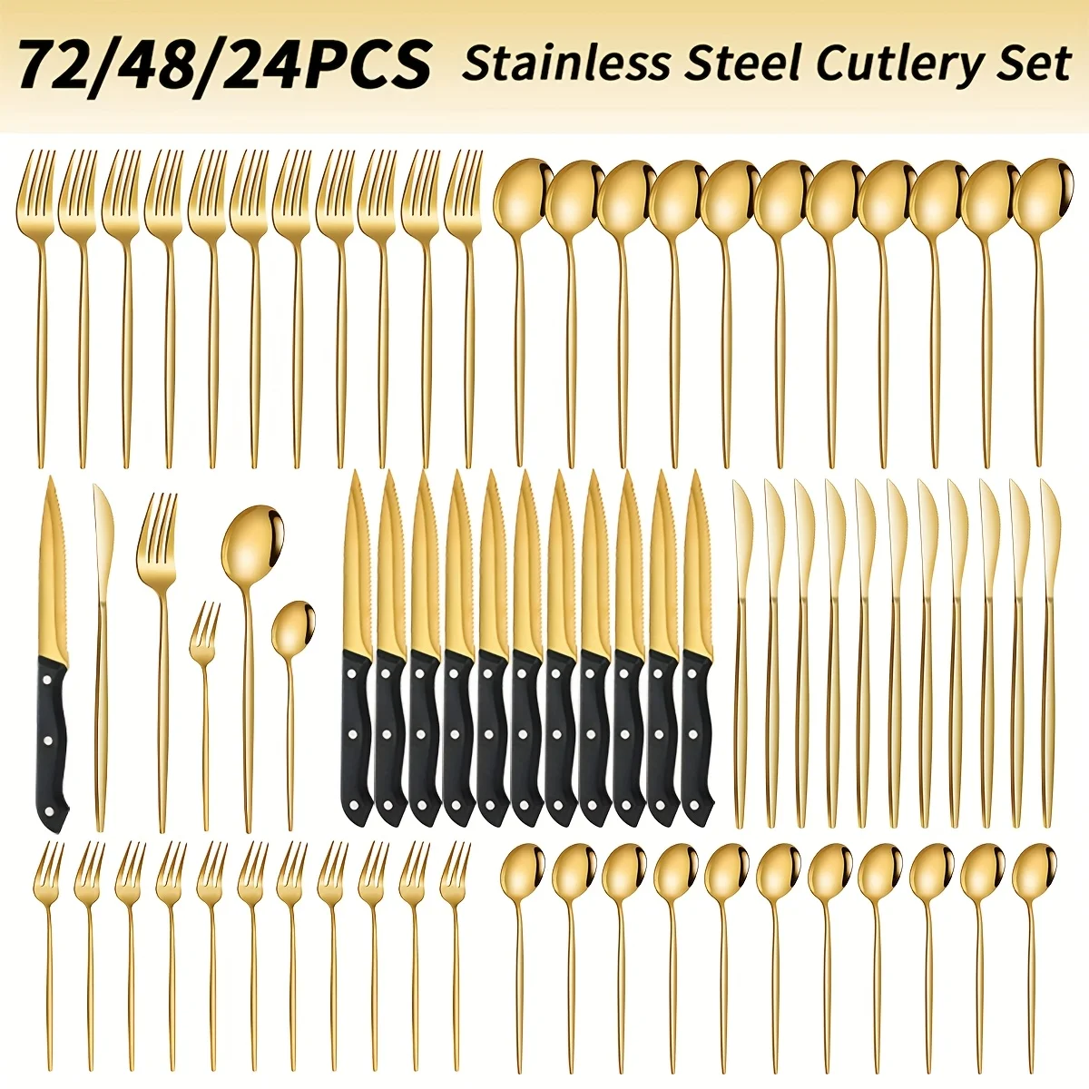 

24/48/72pcs Stainless Steel Cutlery Set, 420 Stainless Steel Polished Flatware Set, Forks Knives Spoons, Dishwasher Safe, 12 Person Silverware Set for Families Hotels Restaurants Parties