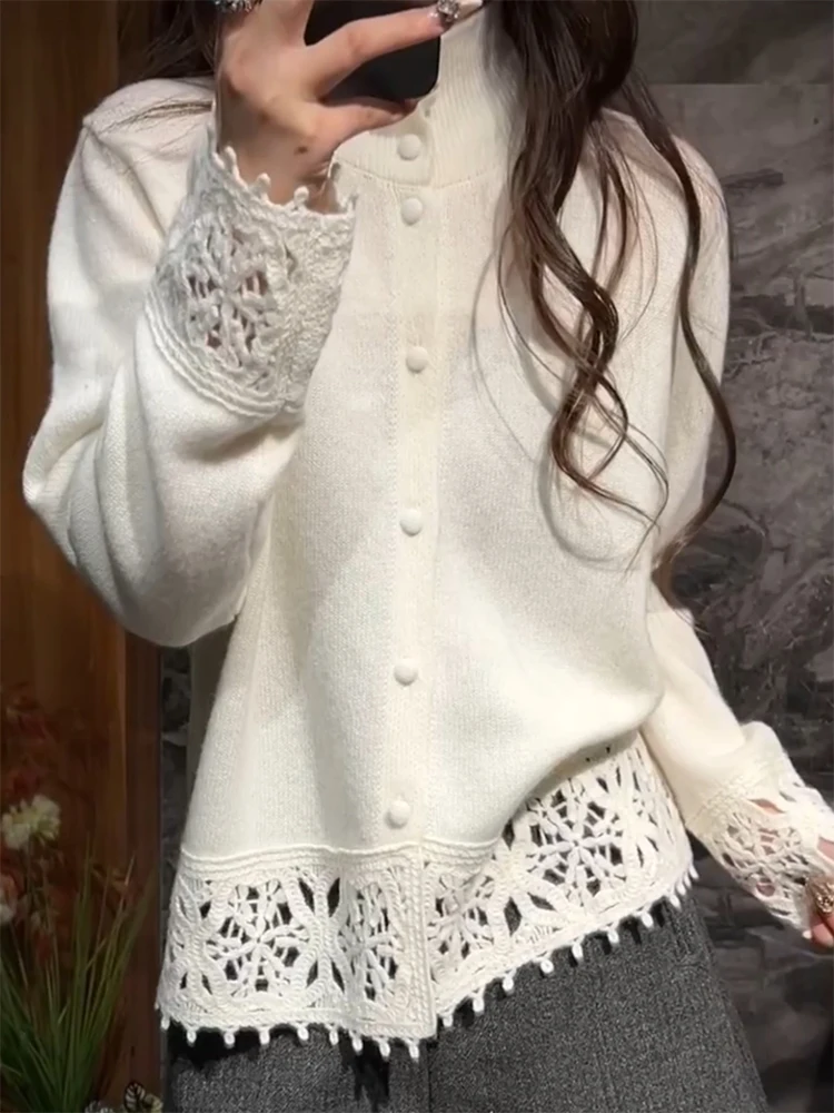 

Ele High Collar Knitted Open Cardigan Embroidered Hollow out Design Autumn Winter New Sle plus Size Warmth Fem Top