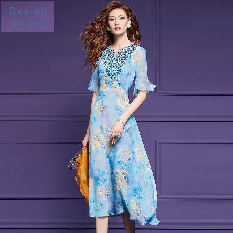 

High Quality Women's Commuting Wear Silk Embroidered Dress Summer High-End Printed Blue Vacation