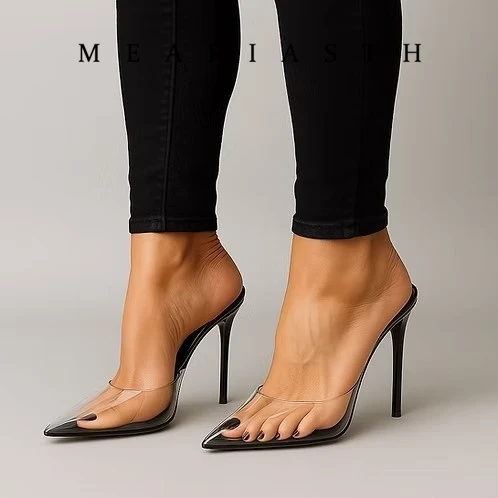 Summer Closed Pointed Toe Pvc Women Slippers High Heels Mules Clear Transparent Stiletto Sandals Summer Shoes Outdoor Slippers