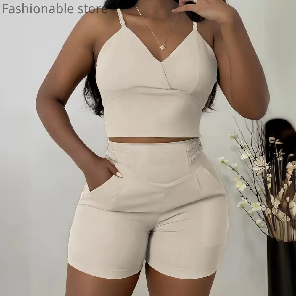 

Women Casual Solid Color Spaghetti Strap Top and High Waist Shorts 2pcs Set
