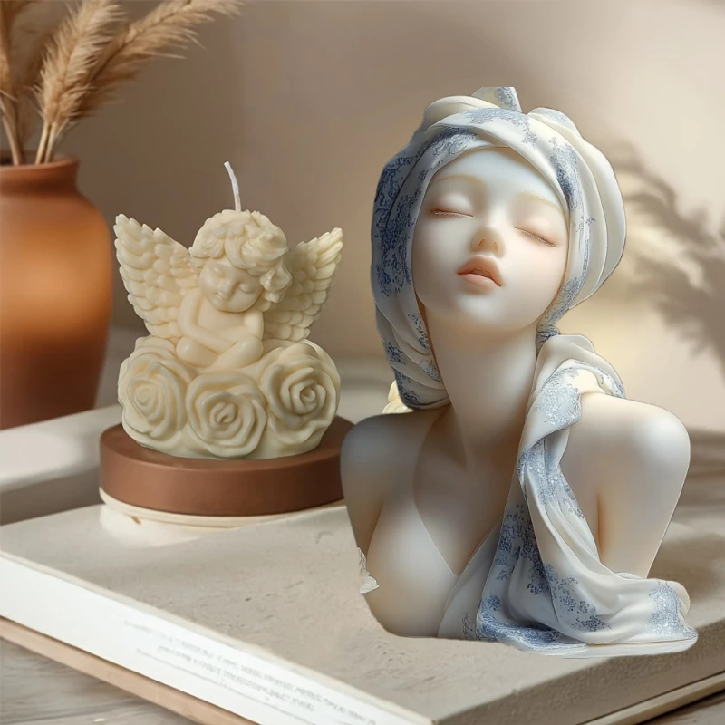 3D Headscarf Girl Candle Silicone Mold Long Hair Goddess Female Epoxy Resin Silicone Mould Female Body Concrete Gypsum Molds