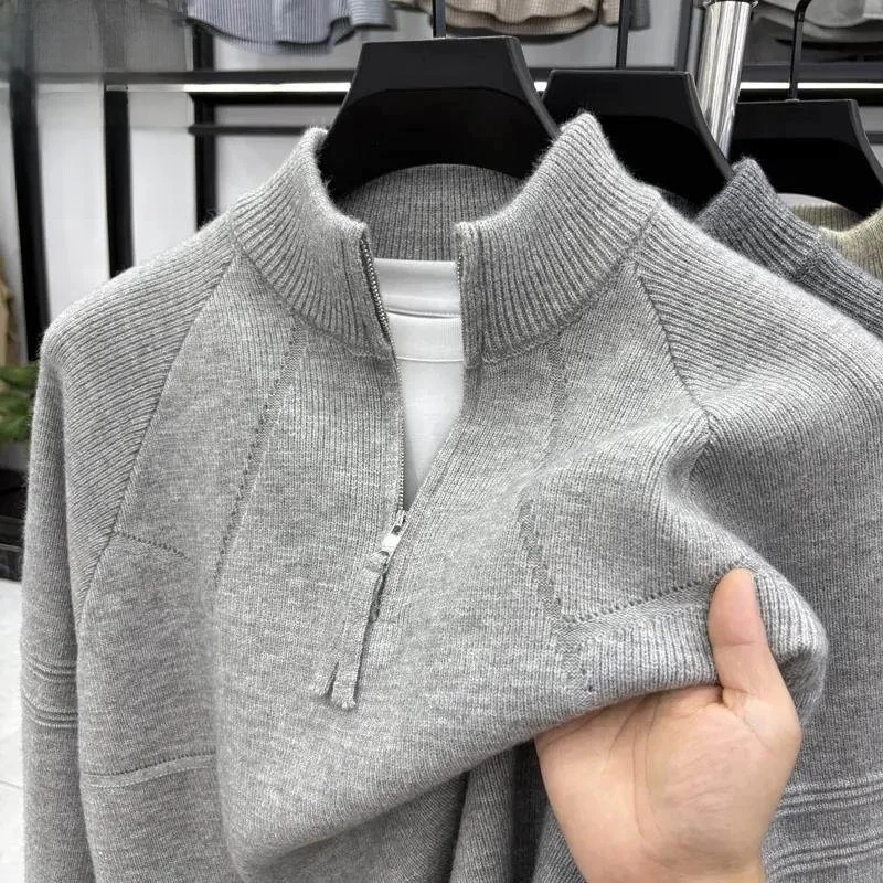 

Мужской молодежный осенне-зимний свитер с высоким воротником на молнии, вязаный, в стиле ретро, с вышивкой, однотонный, универсальный, повседневный