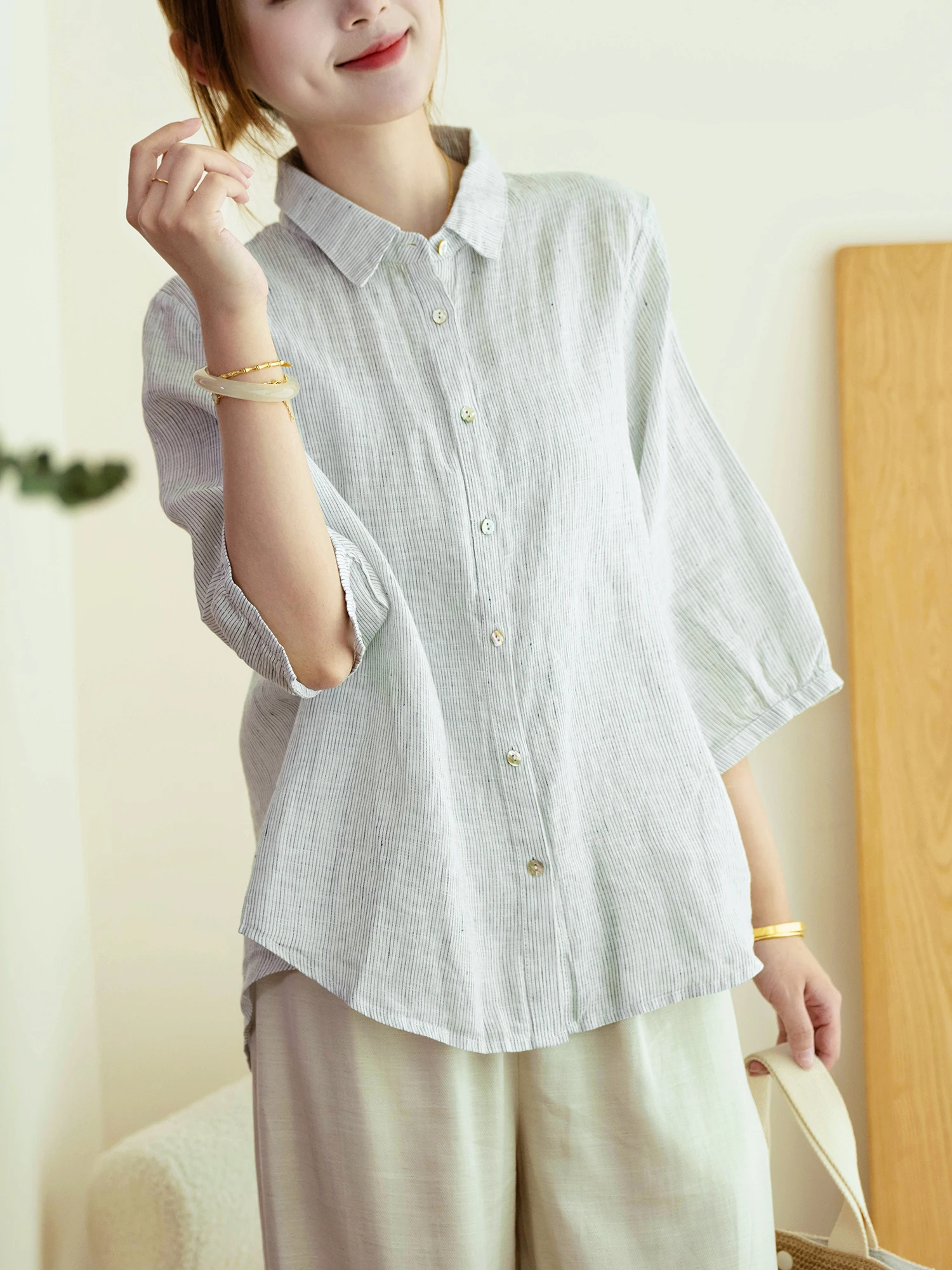 

Повседневная свободная рубашка в полоску из 100% дышащего льна, удобная женская летняя модная тонкая рубашка с рукавом 3/4 на пуговицах