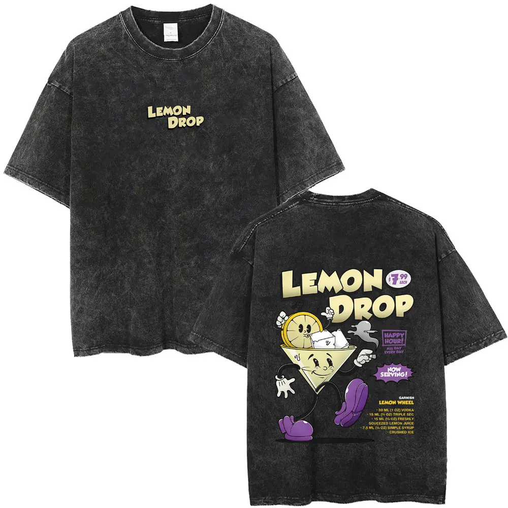 

Lemon Drop Cocktail Cartoon Funny Meme Washed Vintage T Shirt Men Women Clothing Casual Humor T-shirts Man Oversized Tshirt Tops