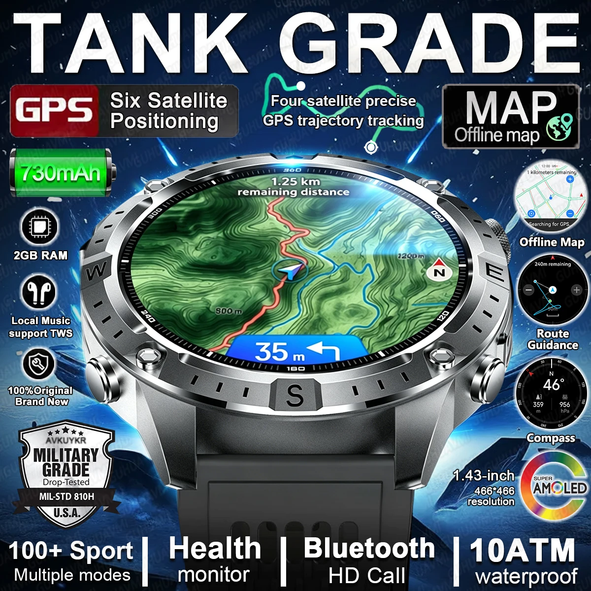 2026New Tank Grade Built in GPS SmartWatch Offline Map 10ATM Swim 2GB Music Compass Bluetooth Call Fitness Sports Smartwatch Men