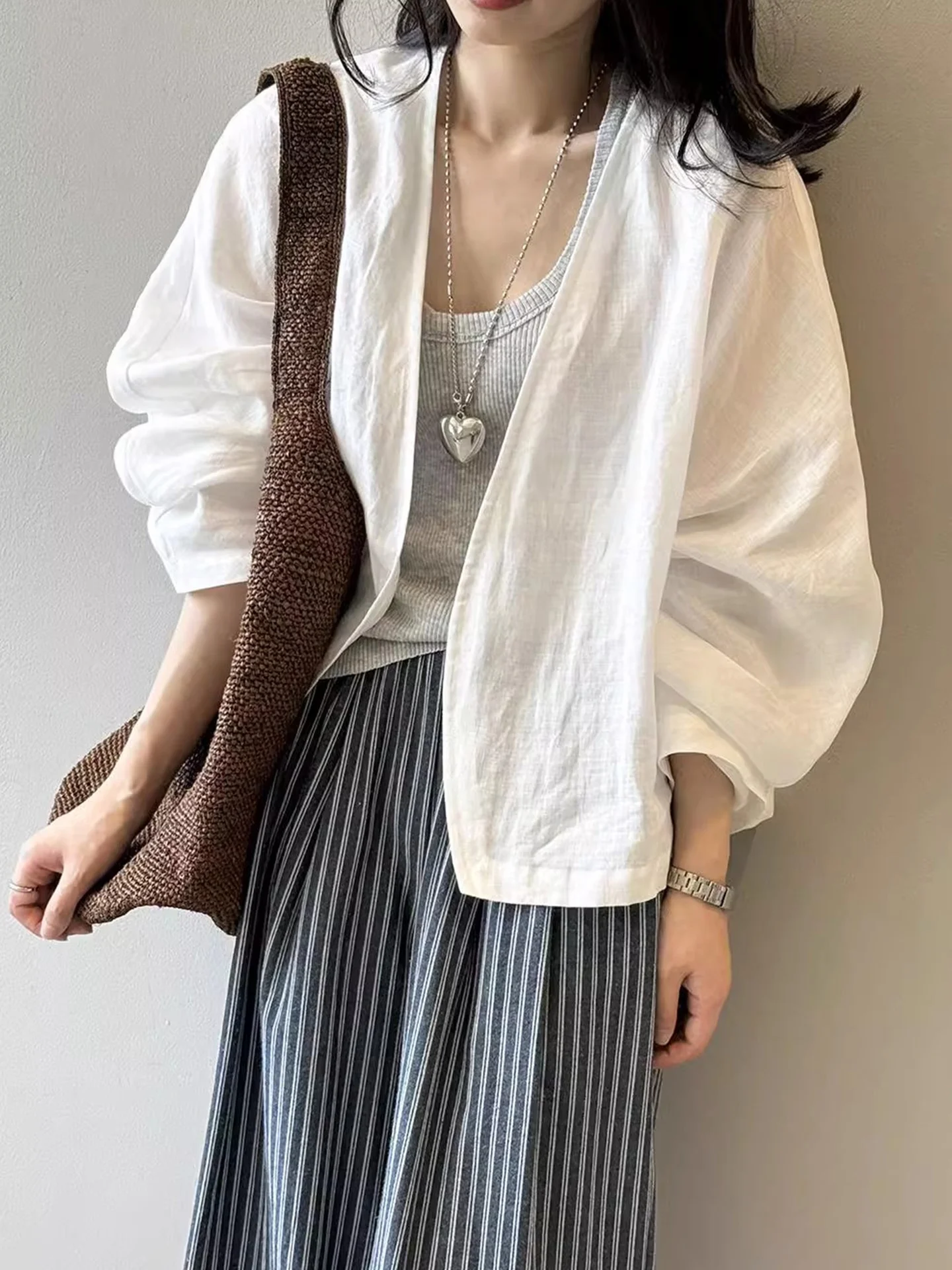 

Women's Summer New V-ne Linen Sun Protection irt Breathable Air Conditioning Open Cardigan Outerwear Cover up Top