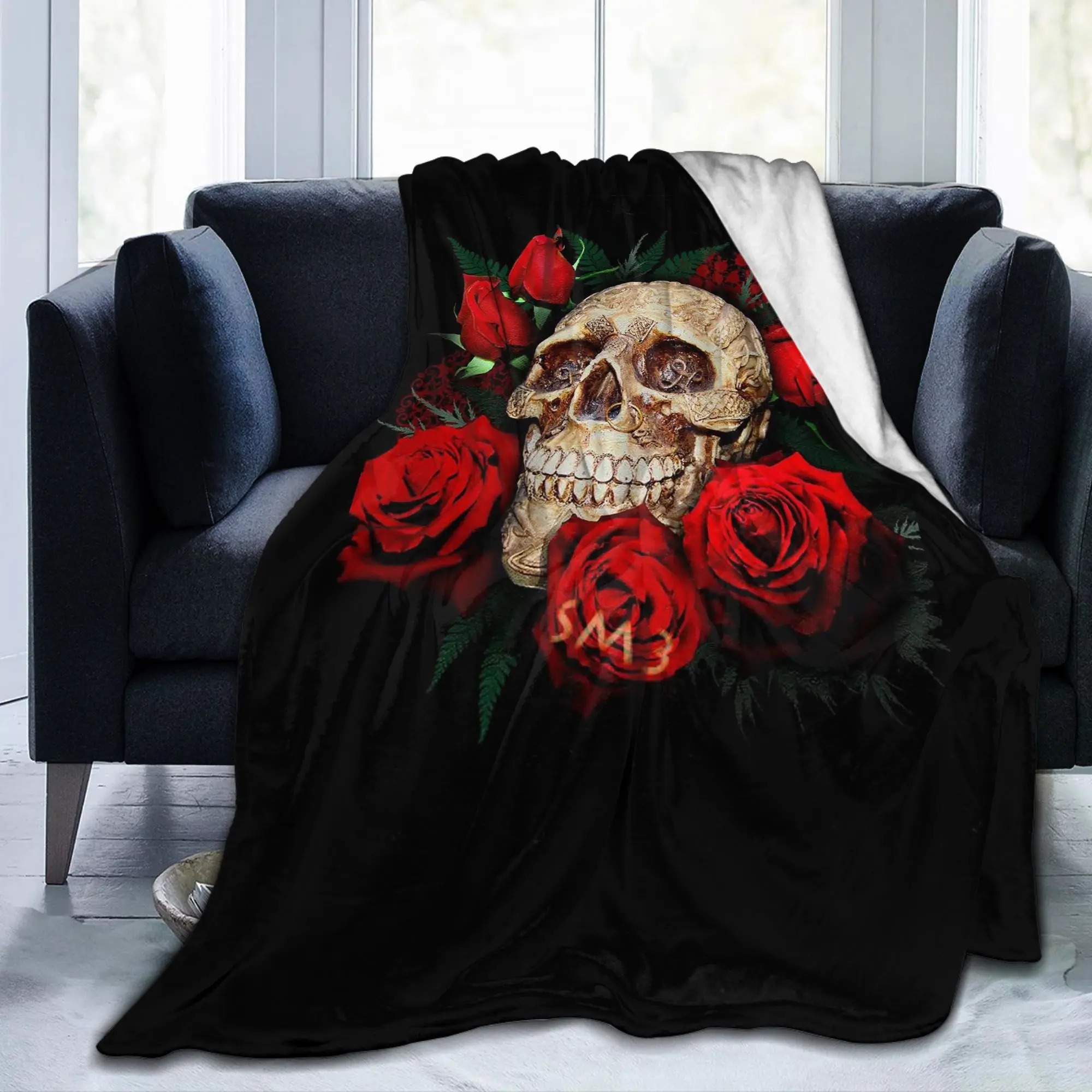 

Плед с цветочным узором и черепами, современный дизайн, шерпа, пушистый, очень теплый, для дома, ресторана, летний