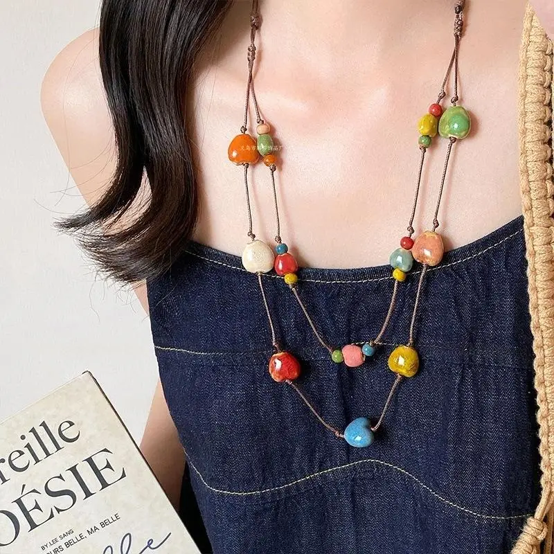 Colorful Ceramic Necklace Boho Style Handmade Adjustable Necklace Simple Woven Rope Ceramic Necklace