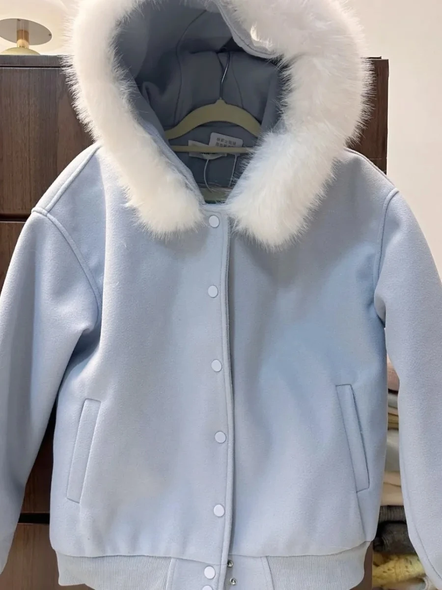 

Loose Fce Lined Thiened Korean Sle Blue Knot Hooded Coat with Large Fur Collar Winter Outerwear for Women
