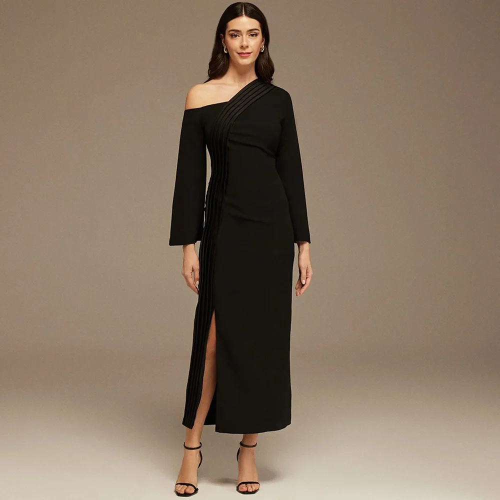 

Black Straight Lrregular Collar Type Evening Dress Formal Long Sleeves Party Dress Customized Fashion Ankle Length Prom Dress