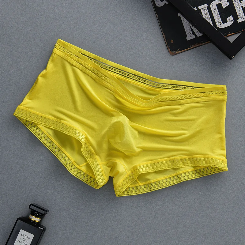 Youth 3D Convex Pouch Lace Underwear for Men\'s Summer Semi Transparent Ice Silk Boxer Shorts Boys Elastic One Piece Sexy Panties