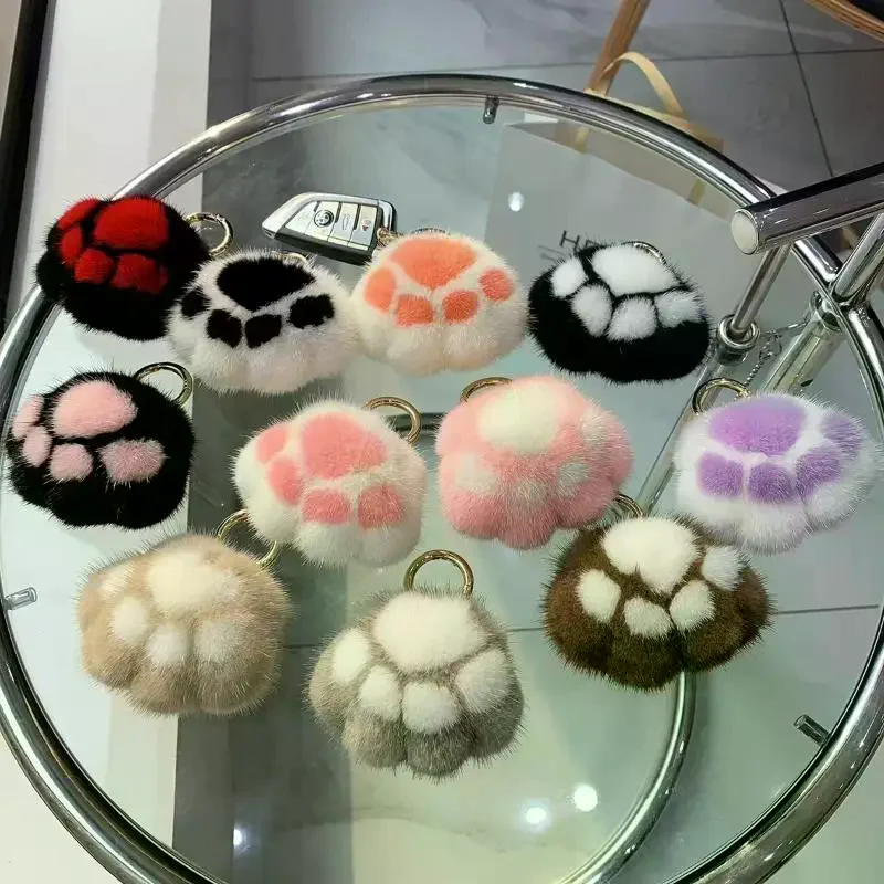 Cat Paw Pendant Keychain Fluffy Kawaii Faux Fur Keychain Cute Stuffed Toy Plush Toy Key Ring Backpack Car Key Pendant
