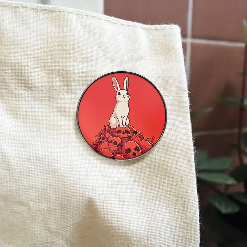 White Rabbit Skull Pile UV Printing Pin Dark Fairy Tale Brooch Lapel Badge Jewelry Gift For Goth Horror Fan