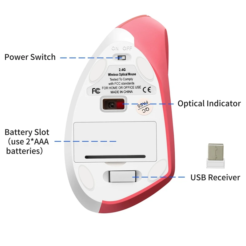 ABVJ-Pink ماوس عمودي لاسلكي خفيف الوزن LED 800/1200/1600 ديسيبل متوحد الخواص قابل للتعديل مريح الفئران حماية المعصم
