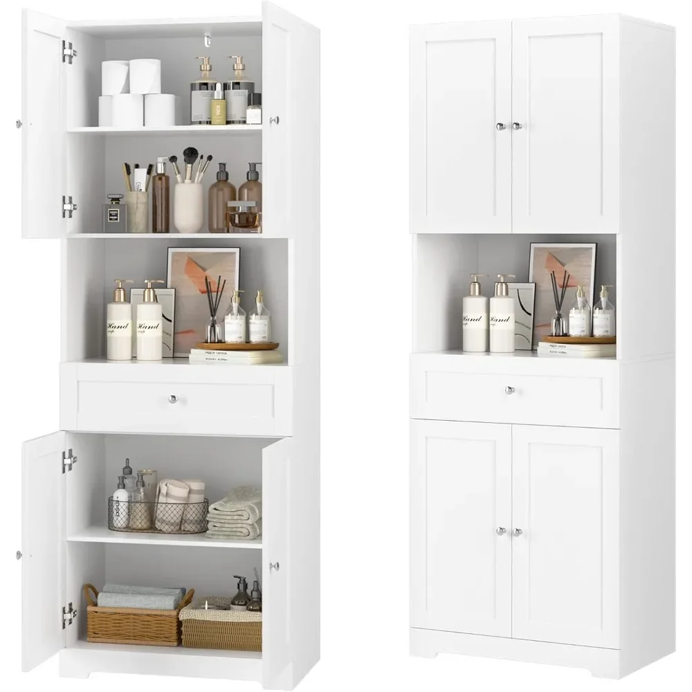 Tall Bathroom Locker, Modern Linen Locker with 4 Doors, Shelf, Drawers, 67