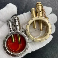 Handmade Pure Copper Gasoline Lighter Portable Round Transparent Oil Tank Kerosene Inflated Lighter Men's Smoking Accessories