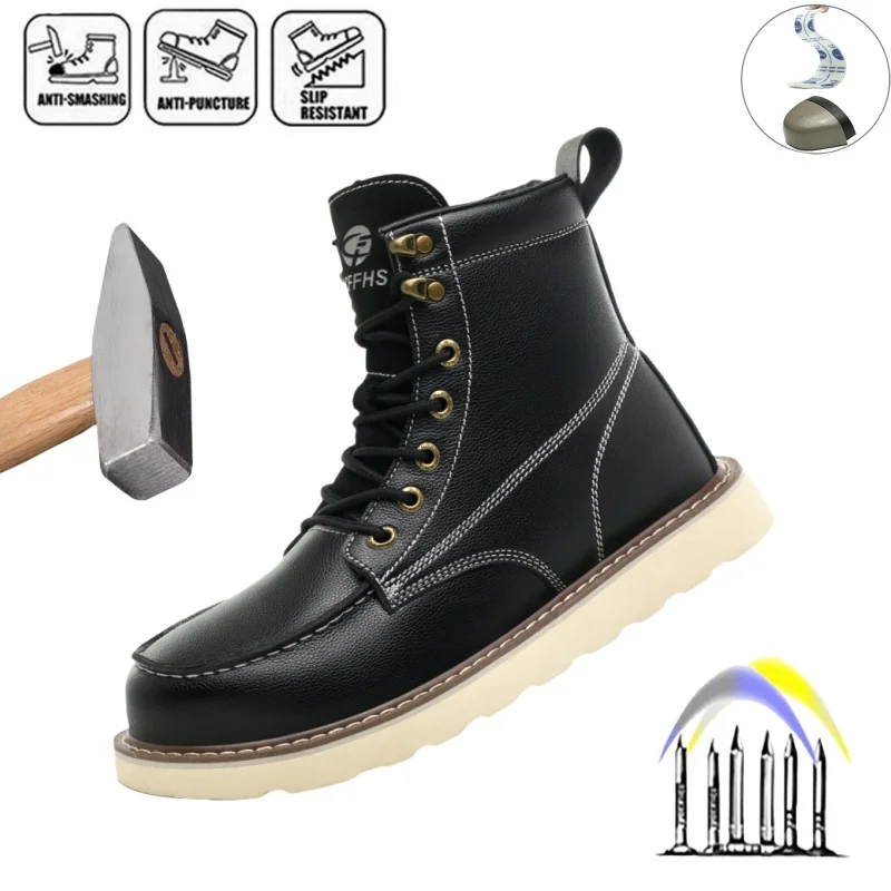 

Waterproof Men's Safety Work Boots Steel Toe Shoes Anti Impact And Anti-Puncture Outdoor Adventure Hiking Leather Boots Men