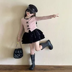 Girls' Autumn Outfit New Bow Knit Base Shirt Long Sleeved Top+black Cake Skirt Pleated Skirt 2-piece for Children Clothing Sets