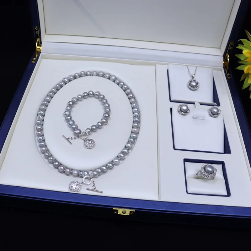 fashion  8-9mm freshwater pearl jewelry set  French necklace pearl necklace light luxury design trend