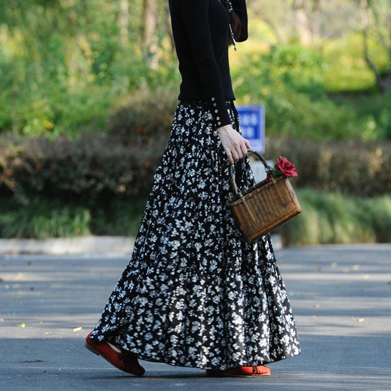 2026 New Arrival Spring & Autumn Women Casual Loose Floral Print A-line Skirt Good Quality Cotton Ankle-length Skirts T148
