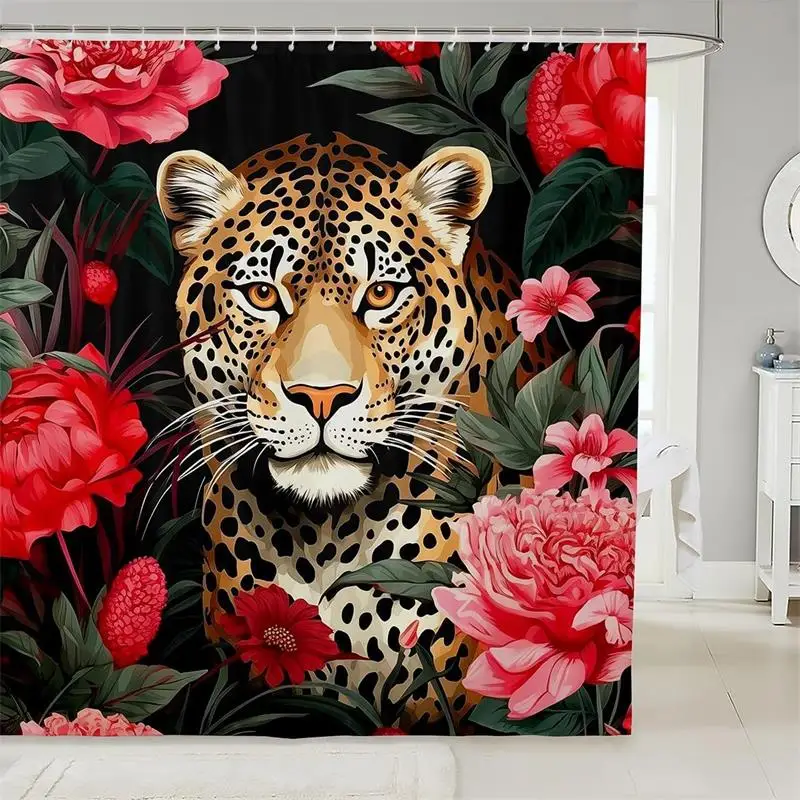 Wildlife Tiger Leopard Shower Curtain Red Rose Pink Floral Jungle Wild Animals Bath Curtains Polyester Home Bathroom Decor Set