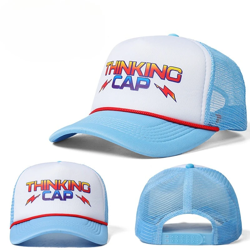 

Dustin’s Thinking Cap Trucker Hat – Adjustable Mesh Baseball Cap – Retro Hawkins TV Show Hat White/Blue