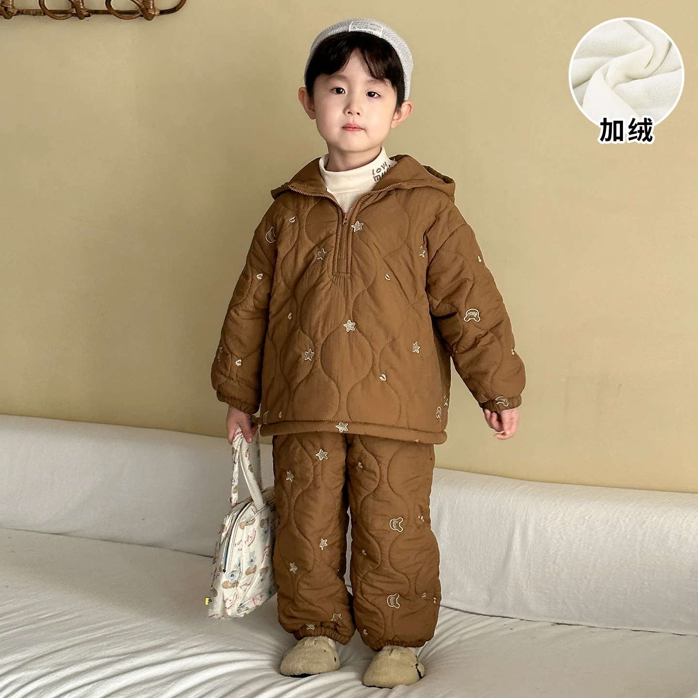Children's Cotton Embroidered Set Autumn and Winter Hooded Velvet Warmth 2025 New Baby Cotton Coat Pants