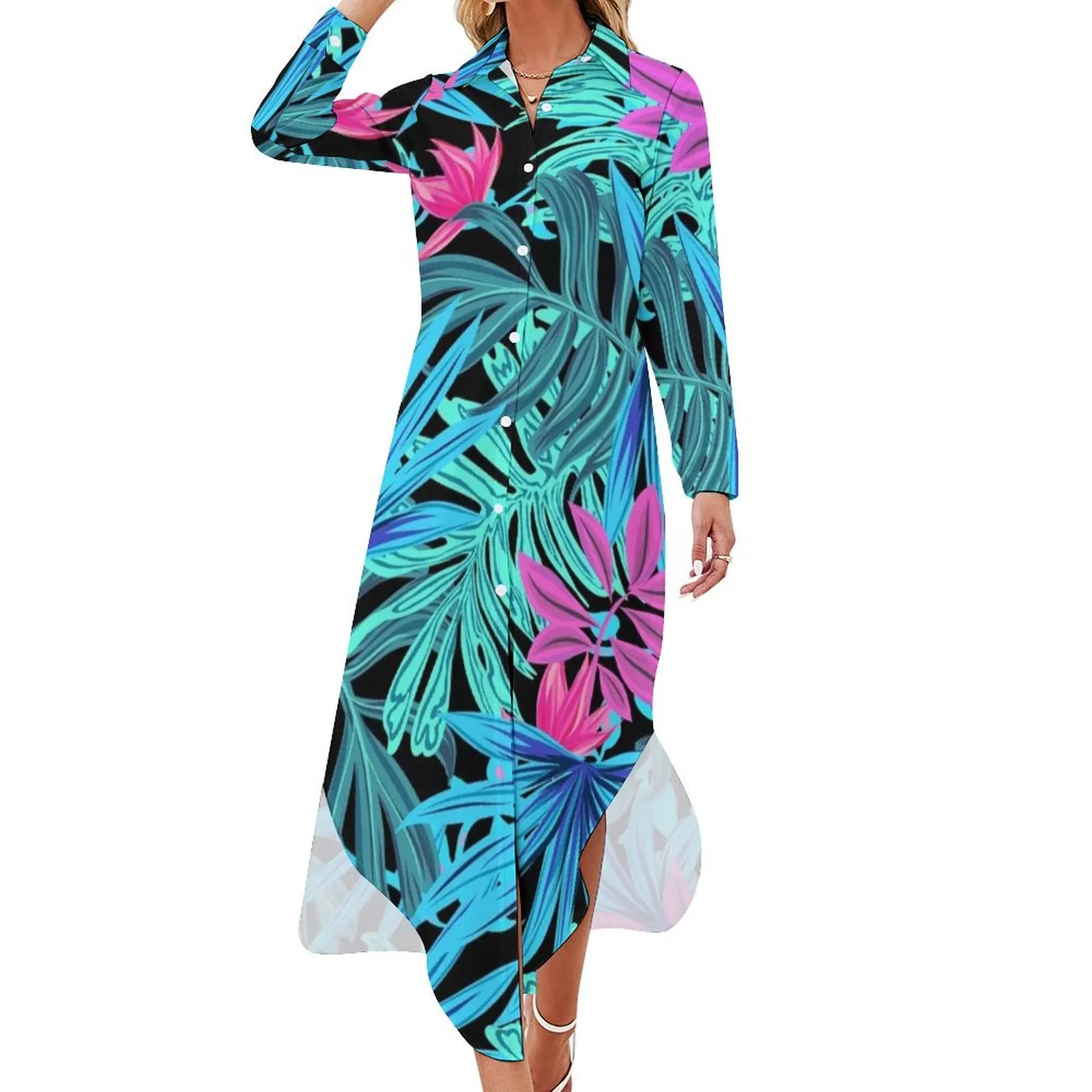 

Neon Summer Tropical Leaves Pattern Long Sleeved Shirt Dress Bride dresses Women's dress loose summer dress