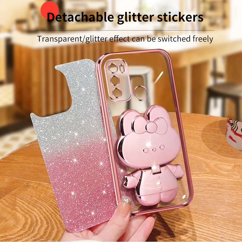 G60 s glitter kaninchen Make-up Spiegel halter Fall für Motorola Moto G73 G13 G23 G60 G50 G20 G30 G53 G32 G62 G71 G22 G31 Softcover