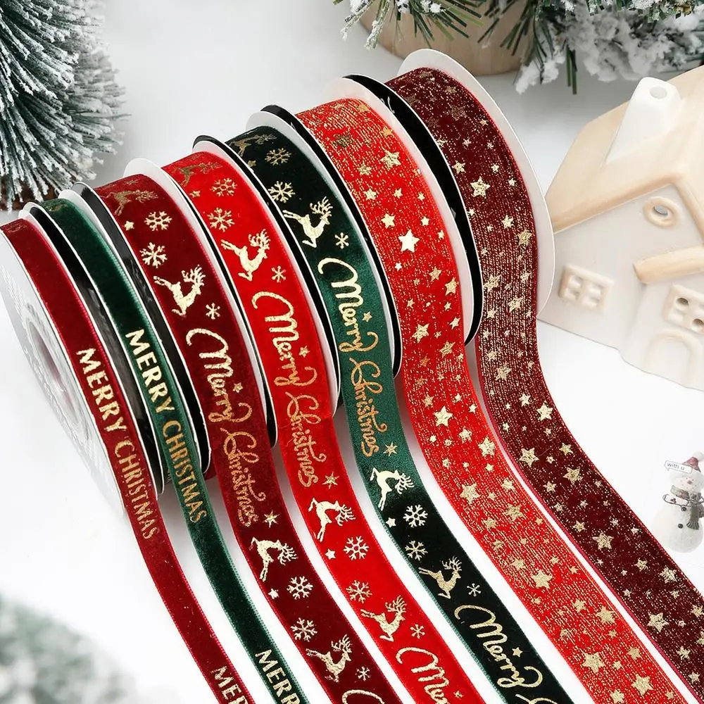 5 Yards/Roll 2.5cm Width Gold Foil Printed Green Red Velvet Christmas Ribbon for Gift Wrapping DIY Bow Crafts Holiday Decoration