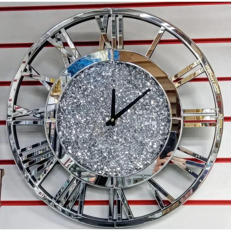 Luxury Living Room Furniture Silver Mirror Decorative Clock Round Diamond Wall Clock For Home Hotel