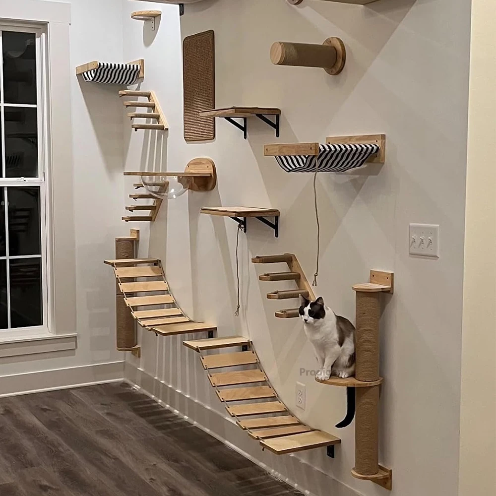 Wooden Cat Wall Mounted Climbing Shelf Set Hammock Perches Ladder Solid Wood Steps Cats Tree Tower Platform Jumping Shelves