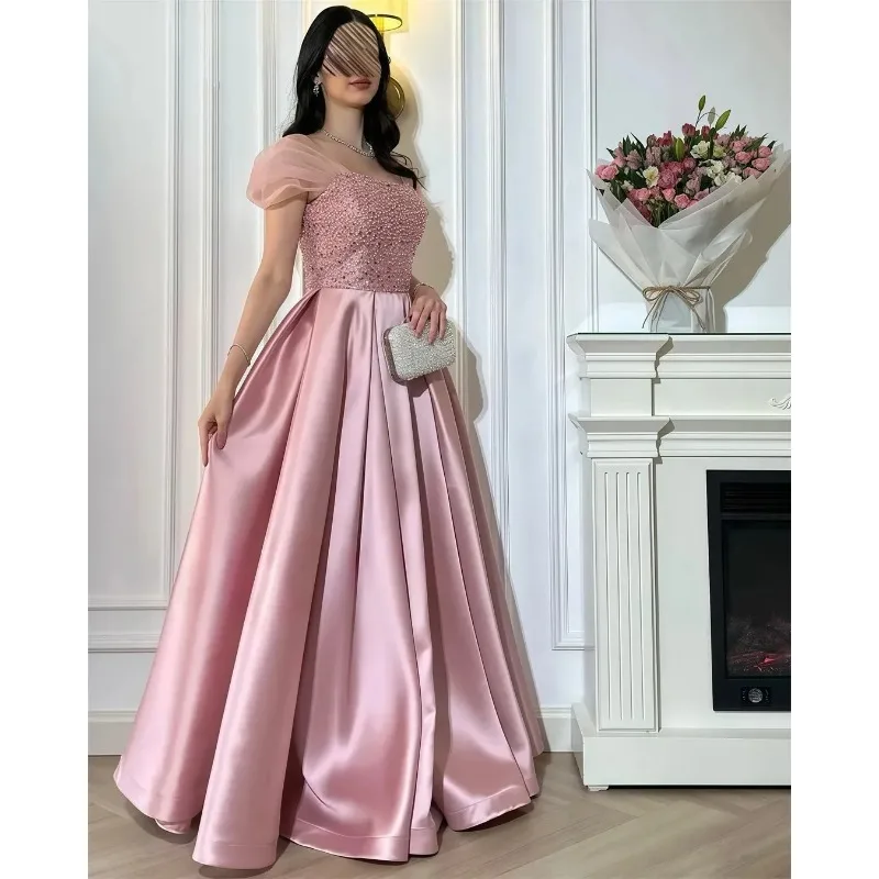 Rosa a linha vestido de noite frisado mangas boné cetim vestido de baile nova chegada vestido de festa vestdos de fiesta personalizado