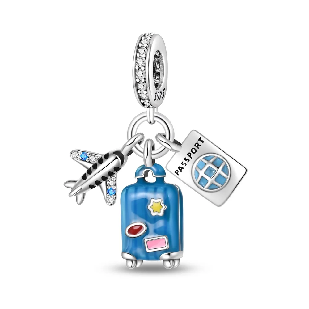 

Fashionable 925 Sterling Silver Blue Luggage Passport Airplane Charm Fit Bracelet Necklace Women's Daily DIY Accessories