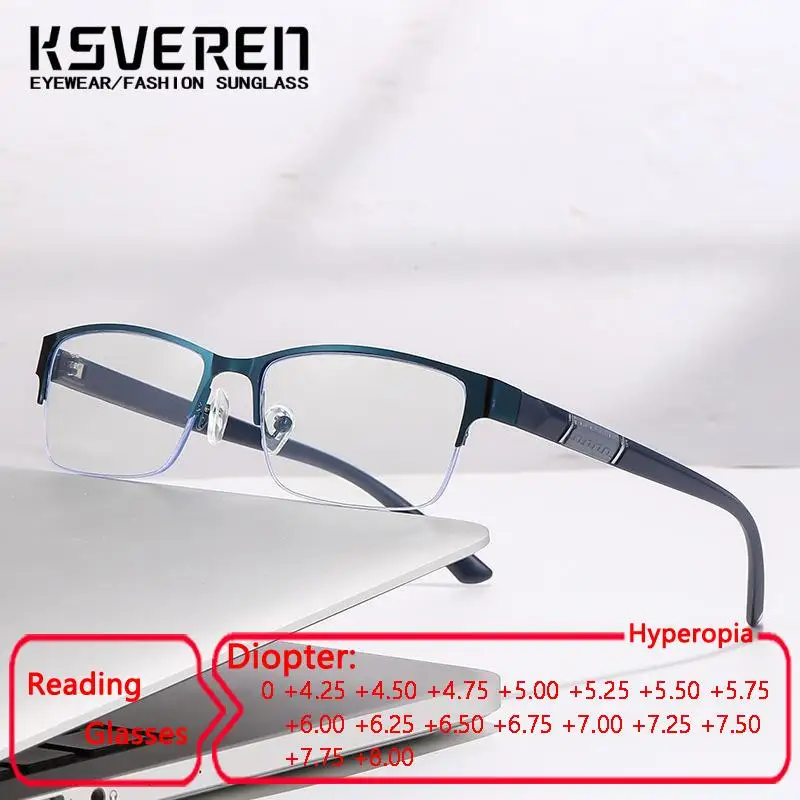 

KSVEREN Half Frame Anti Blue Light Reading Glasses Men Presbyopia Glasses Readers Optical Glasses Prescription Glasses To+8.0